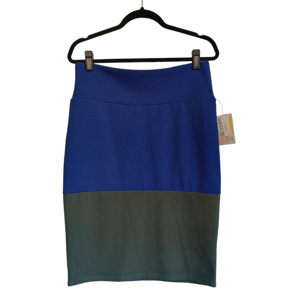 LULAROE Cassie Blue Green Colorblock Stretchy Pencil Pull On Skirt Large NWT